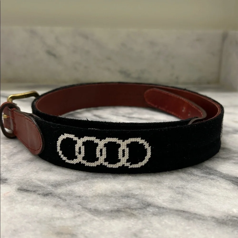 Smathers & Branson Audi Hand-Stitched Needlepoint Black Brown Belt Gold Buckle